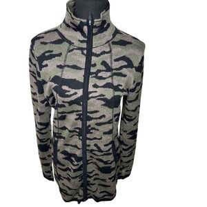 Cynthia Rowley Active Womens Camo Knit Full Zip Mock Neck Jacket Green Black L